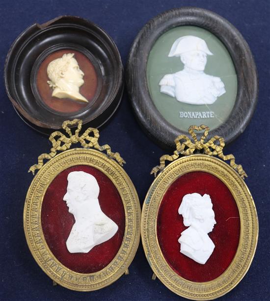 A group of framed reliefs and portraits of Napoleon and French Emperors